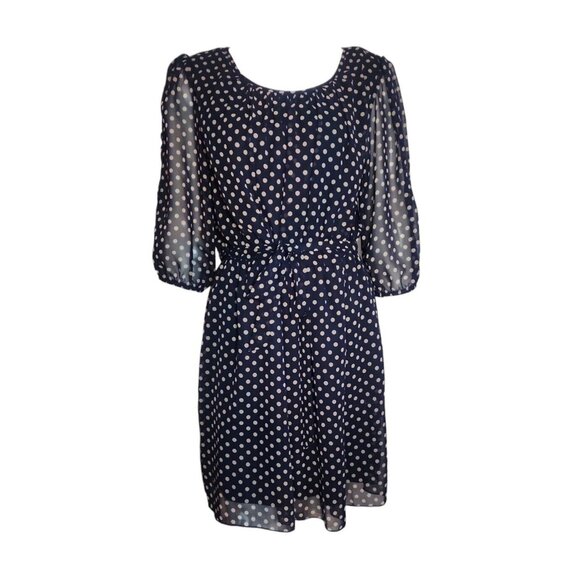 Enfocus Studio Dress Womens 16W Blue Tan Polka Dot Tie Waist Chiffon Layered - Picture 1 of 6